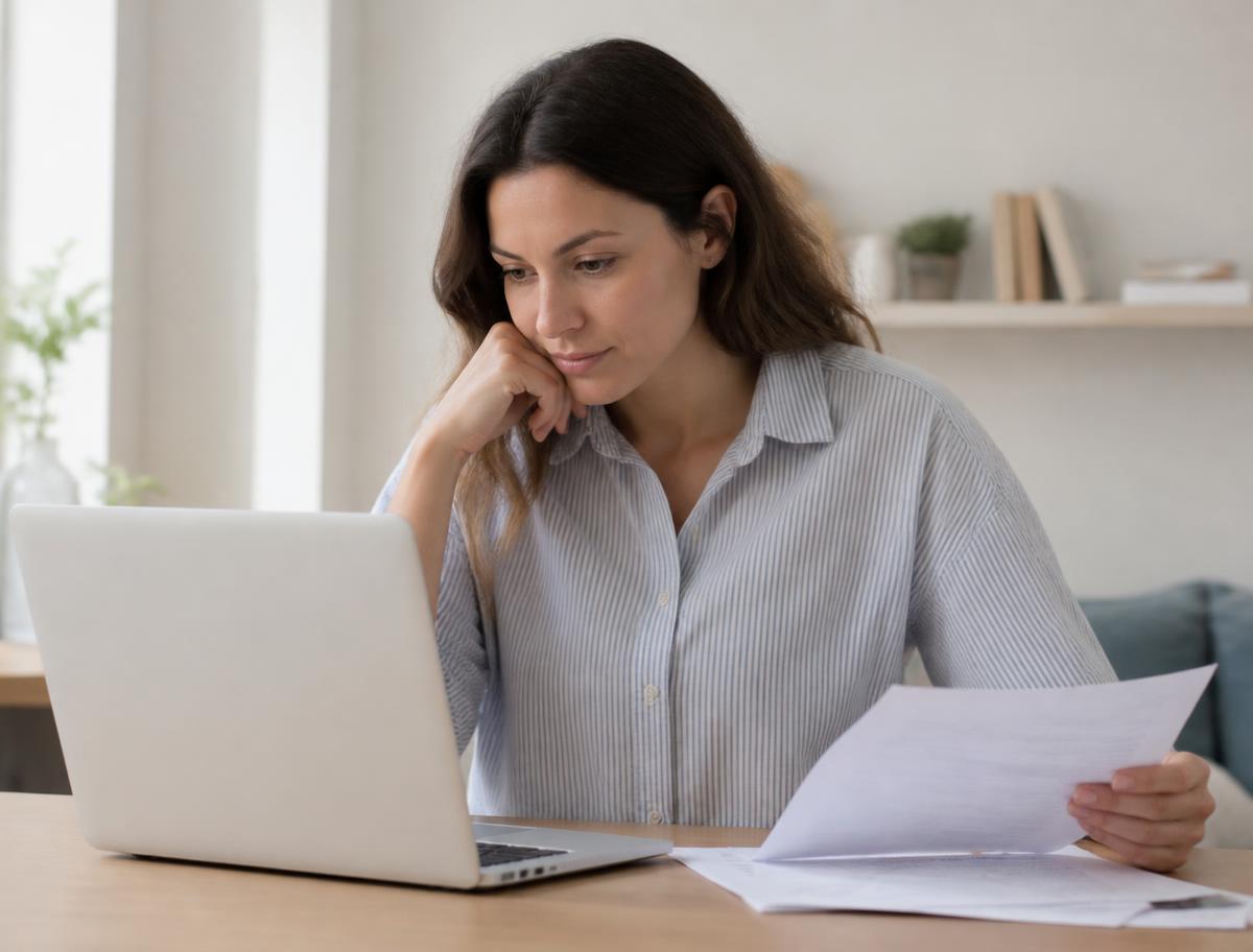 Mulher a analisar documentos em casa, junto ao computador portátil