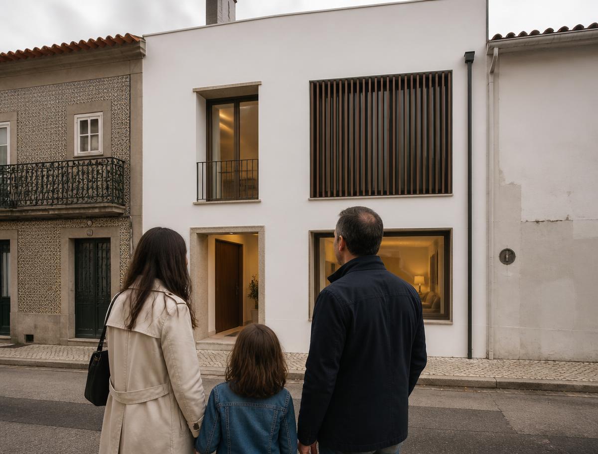 Família a observar a fachada de uma moradia moderna