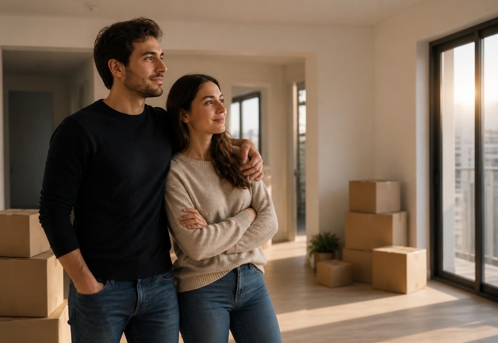 Casal na sala do seu novo apartamento, junto a caixas de mudança