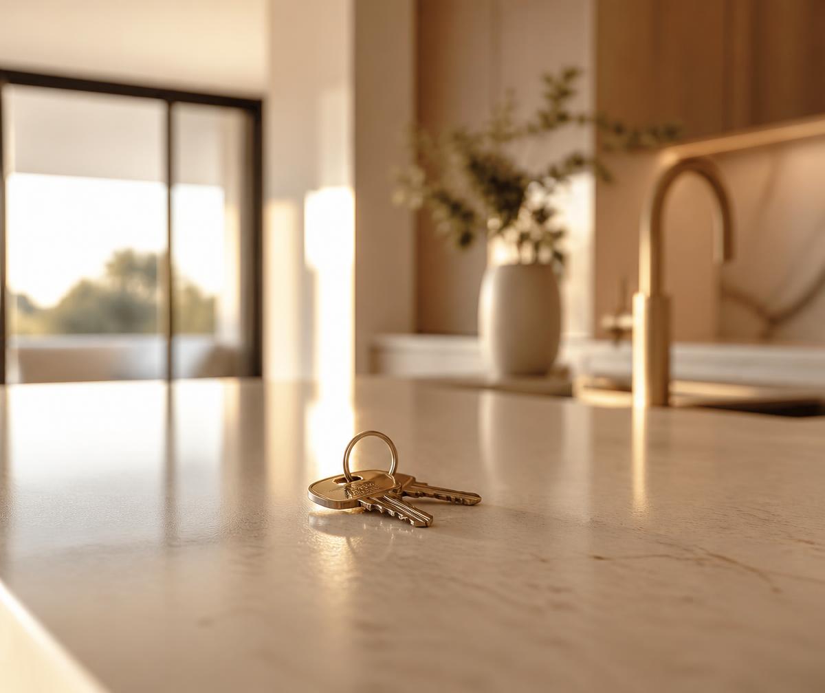 Chaves de uma casa pousadas numa bancada de cozinha com luz de fim de tarde